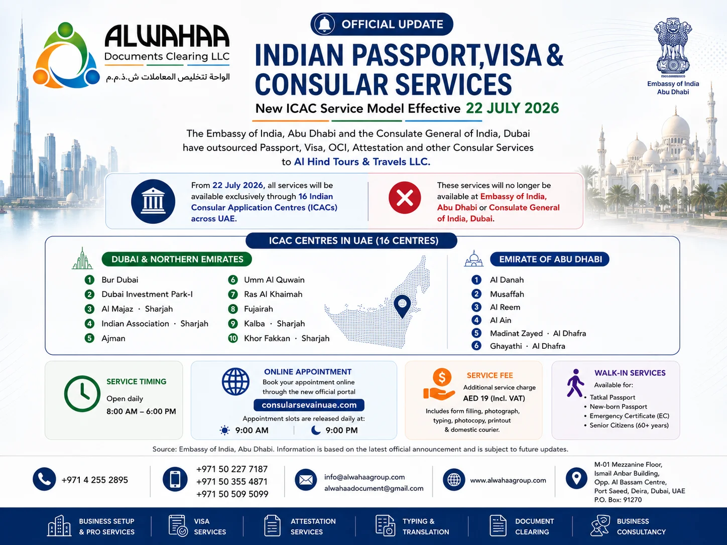Alwahaa Group update — Indian consular services outsourced to Al Hind Tours & Travels LLC across 16 UAE ICACs